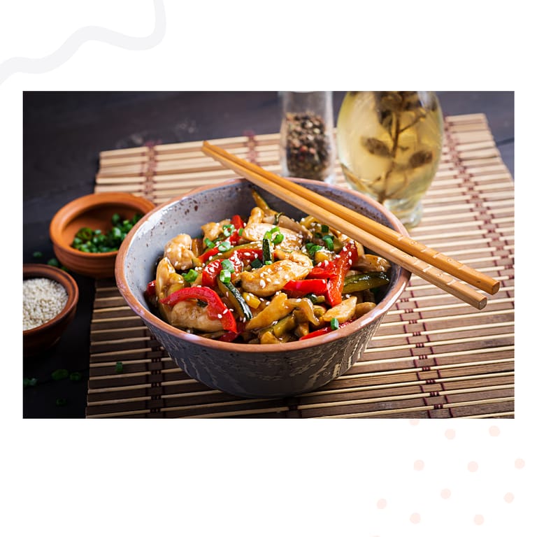 sweet & sour chicken, vegetable & noodle bowl